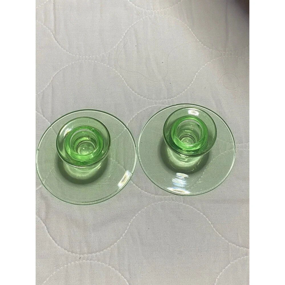 Green Depression Uranium Vaseline Glass Glow Glass 2 Candleholders